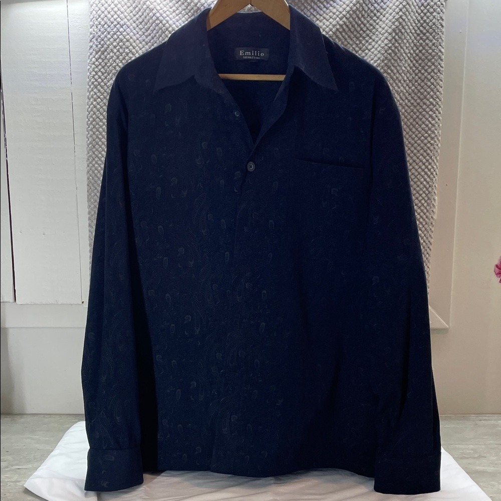 Emilio‎ Signature Button Down Mens Med Navy Blue Excellent Paisley Slinky Shirt